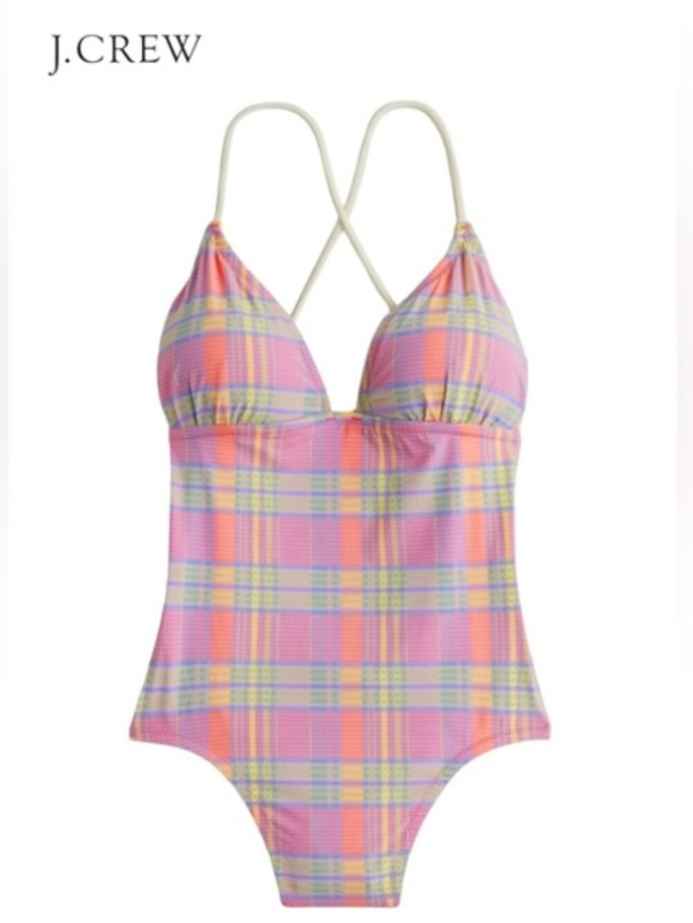 J. Crew Strappy Cross-Back One Piece Swimsuit Sunset Plaid Pink Multi Size 20